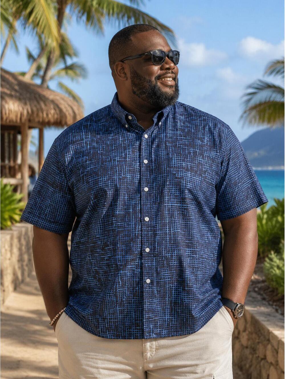 Royaura Hawaiian Button-Up Shirt Black Blue Geometric Print 4XL New with Tags
